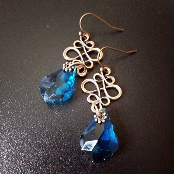 Teal Blue Fancy Cut Glass Drop Earrings - Blue & Copper! Dress Up + Feel Sexy! - Picture 5 of 9